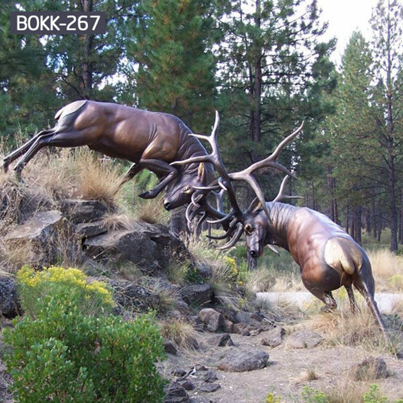Wild Bronze Fight Elk Statue Outdoor Decor BOKK-267