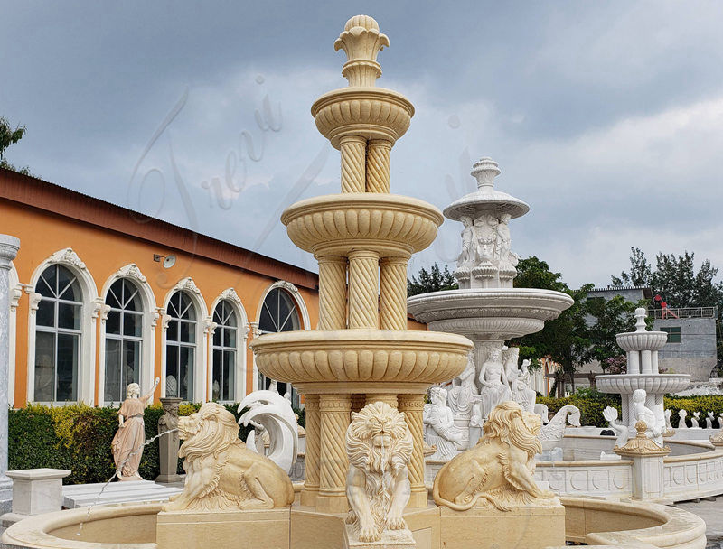 beige marble fountain with lion statue - Trevi Statue