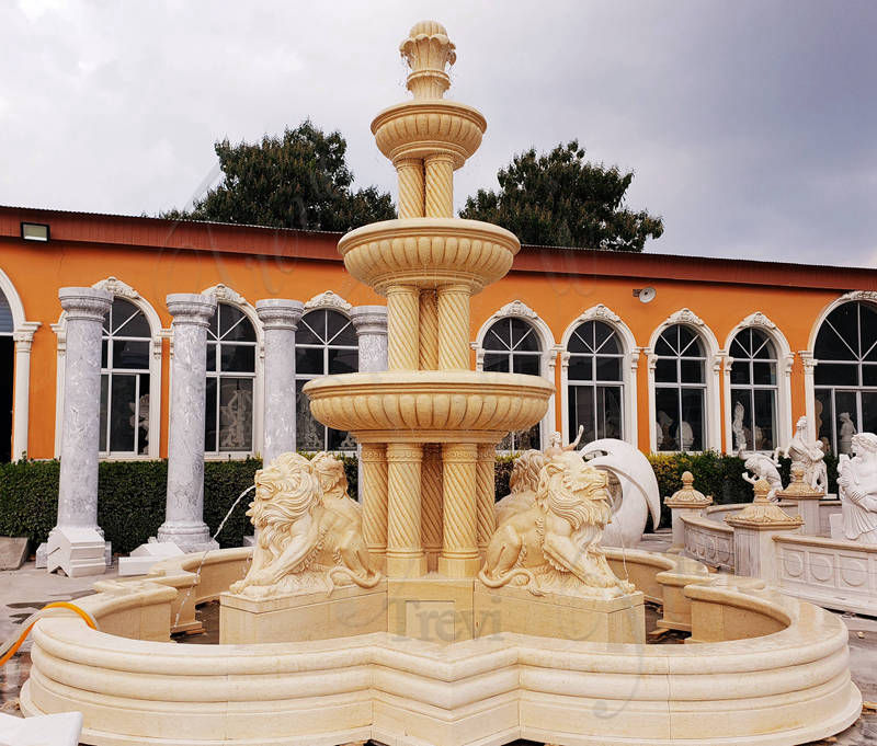 beige marble fountain with lion statue - Trevi Statue