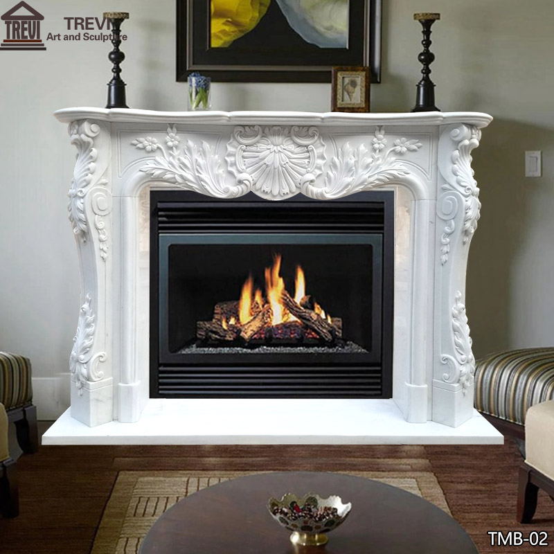 Hand-Carved French Style White Marble Fireplace Mantel