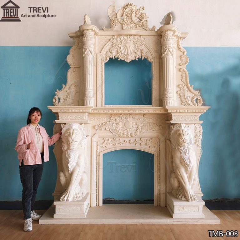 Classic Overmantel Marble Fireplace with Lion Statues for Sale