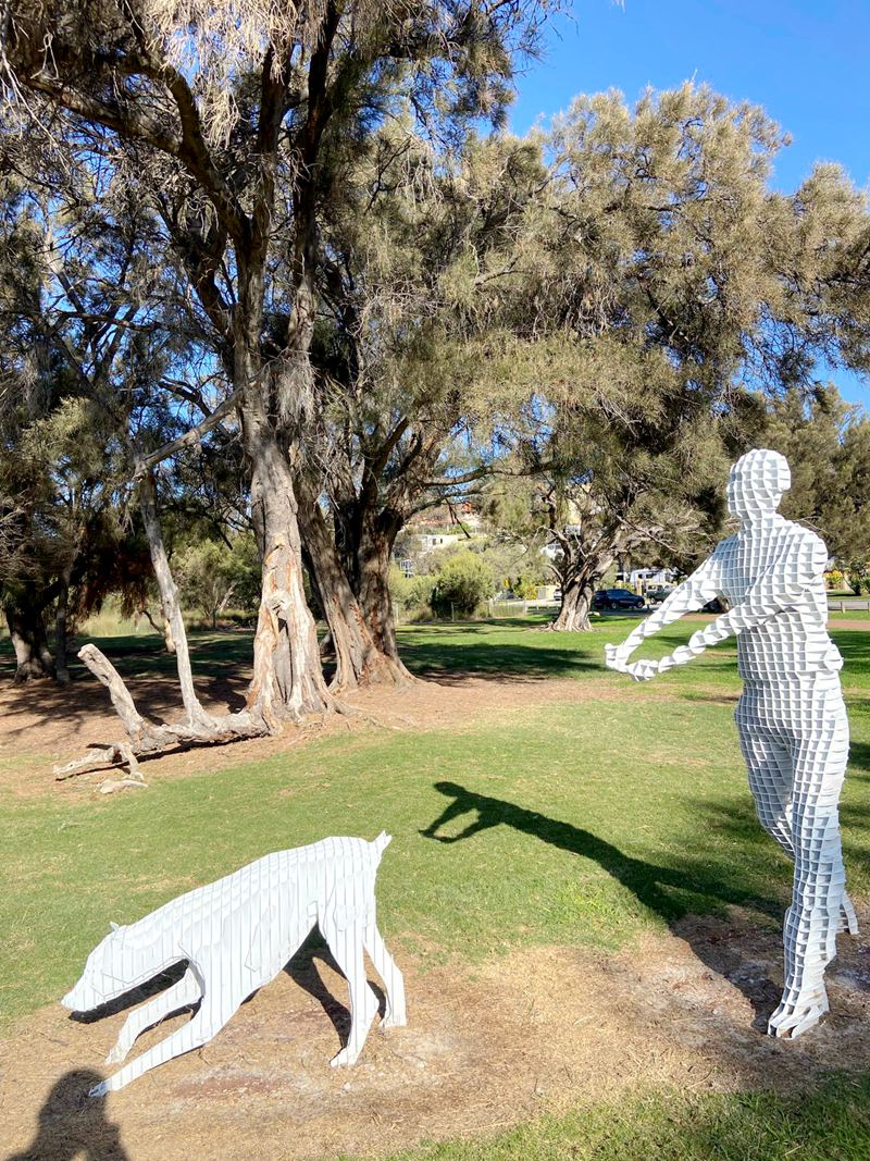 Metal Public Art Dog Walker Statue Details