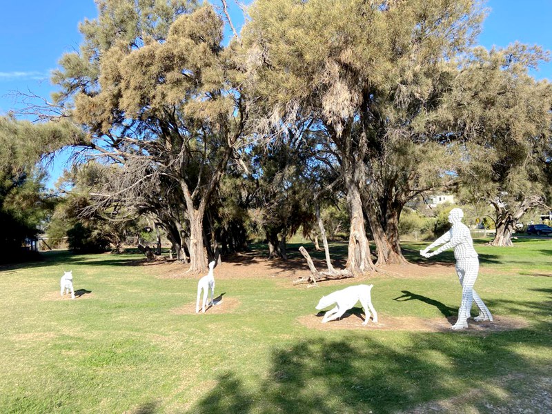 Metal Public Art Dog Walker Statue Details