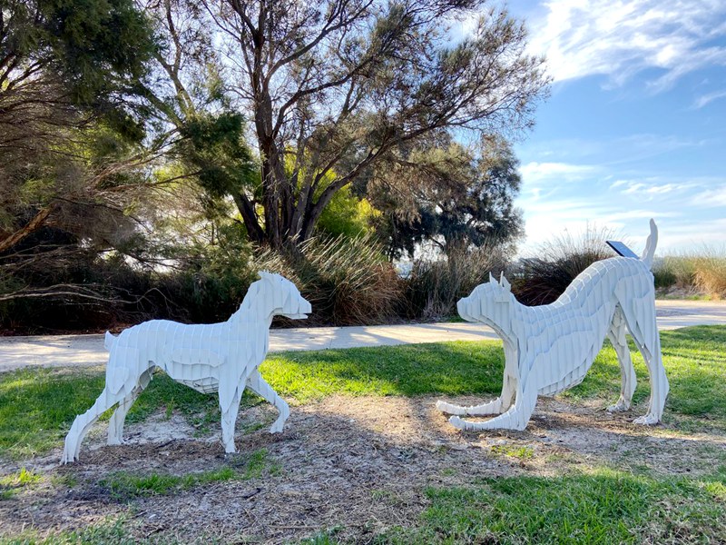 Metal Public Art Dog Walker Statue Details