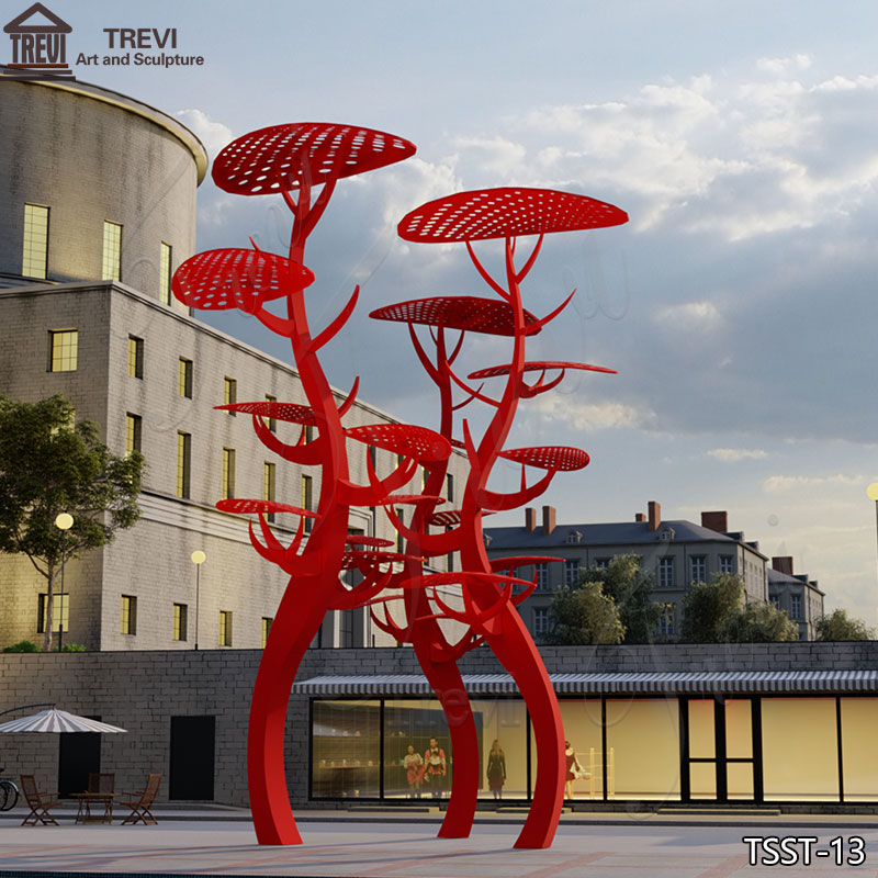 Red-metal-tree-sculpture-outdoor