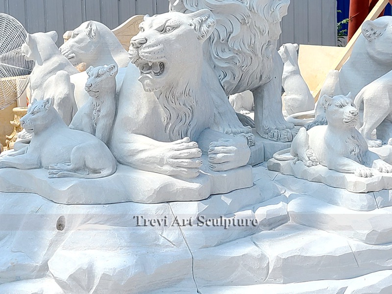 Marble lion family statue details