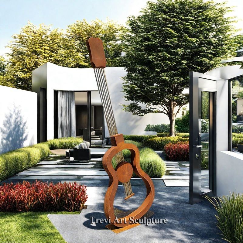 Corten steel guitar sculpture for garden decor