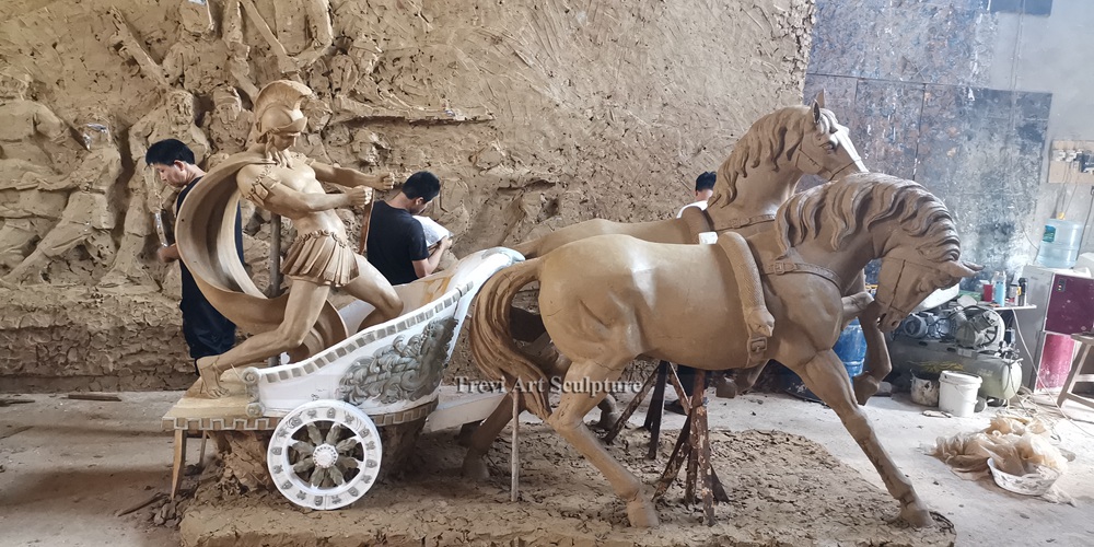 Horse-drawn chariot sculpture clay model