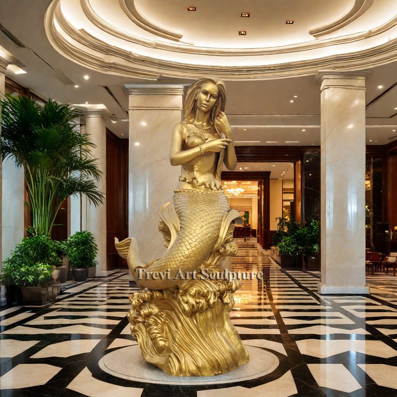 bronze Golden mermaid statues for indoor