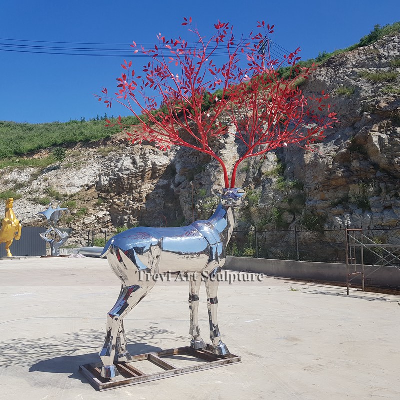 life size Mirror Polished Stainless Steel Deer Sculpture