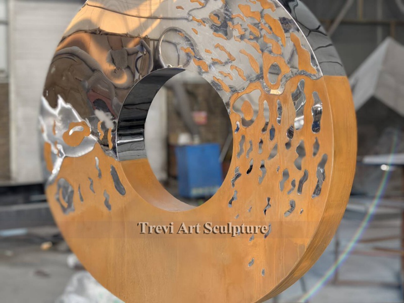 Unique Stainless and corten steel circle sculpture details