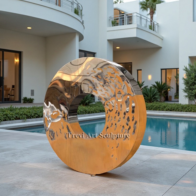 Unique Stainless and corten steel circle sculpture for poolside