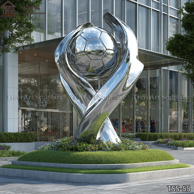Large stainless steel soccer ball sculpture for stadium