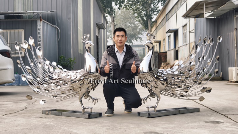Polished Metal Peacock Statue for sale