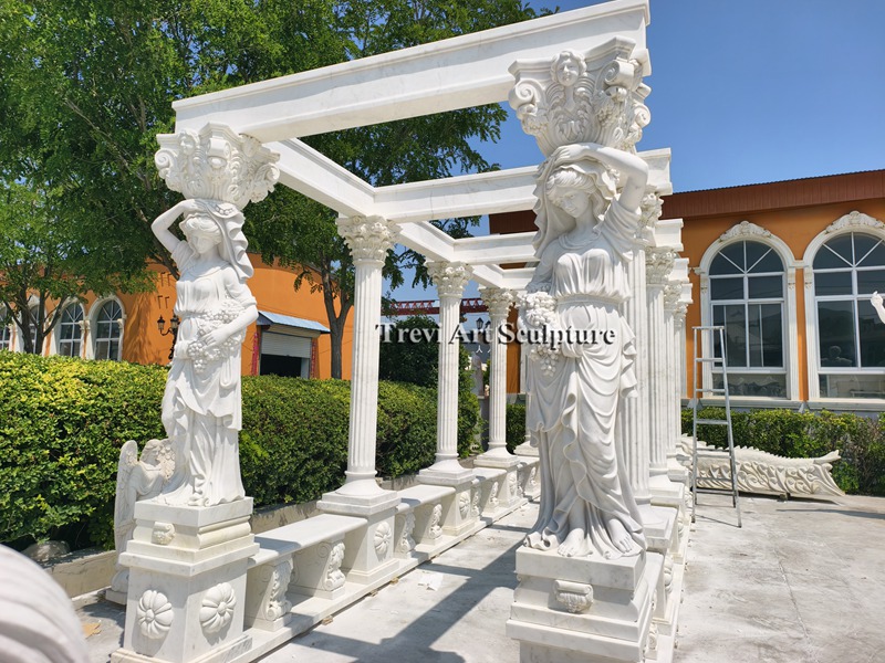 outdoor stone pergola with female statue