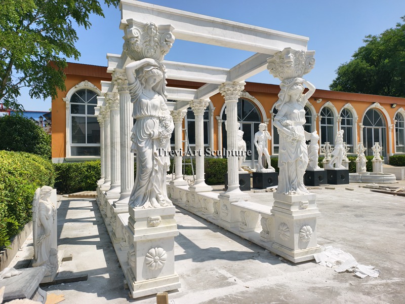 outdoor stone column pergola with female statue