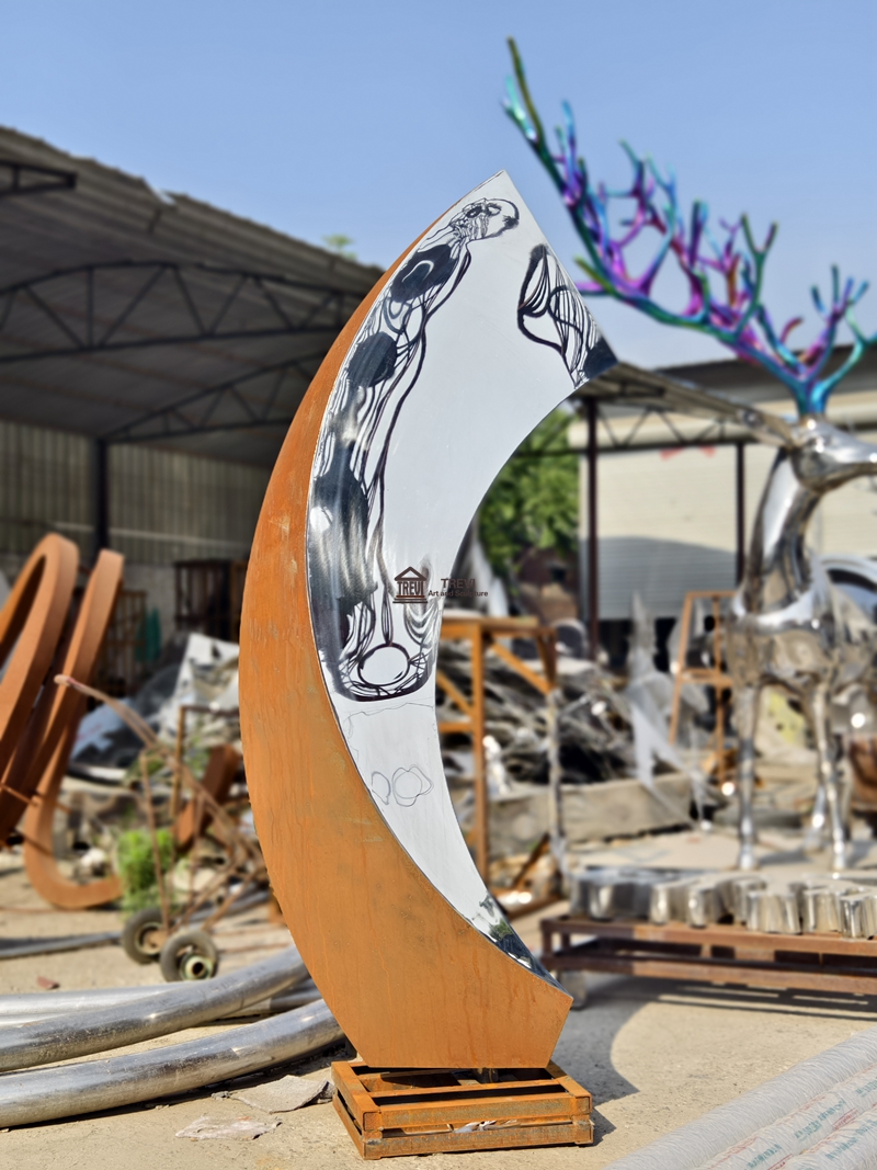 corten steel and stainless steel statue