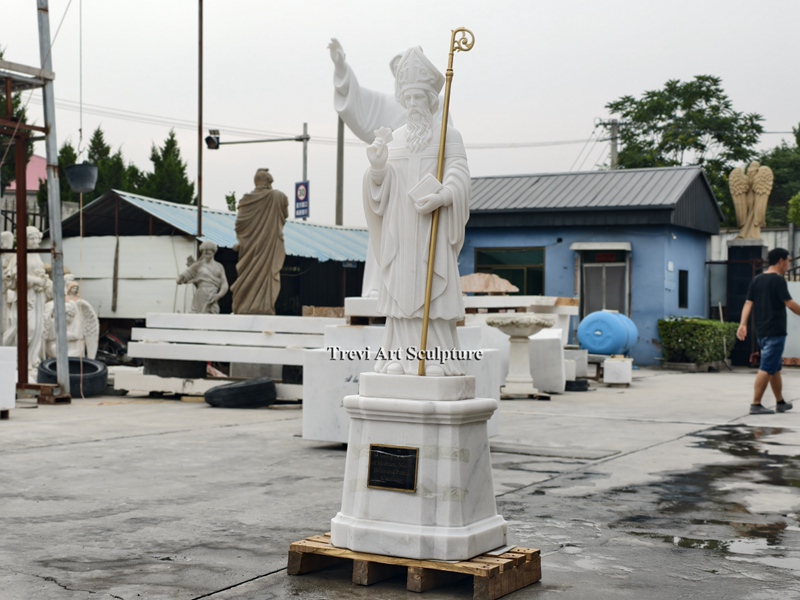 Hand carved natural Marble St Patrick statue with base for church